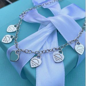 RARE Return to Tiffany & Co. 7 Mini Multi Heart Tag Pendant Necklace Blue Enamel